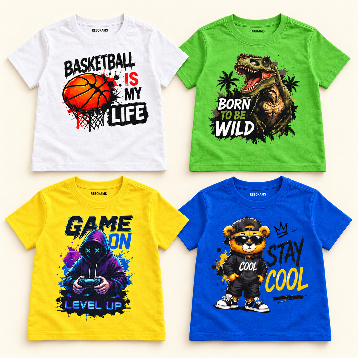 Lot de 4 t-shirts enfant Rebokams Kids – Mix Basketball, Dinosaure, Gamer et Ourson
