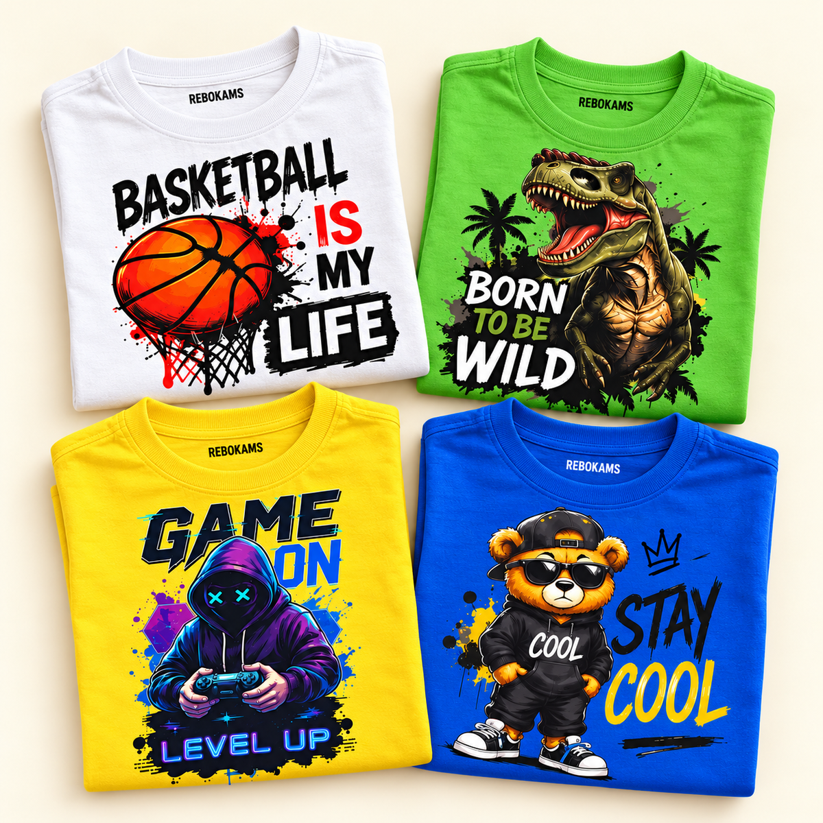 Lot de 4 t-shirts enfant Rebokams Kids – Mix Basketball, Dinosaure, Gamer et Ourson